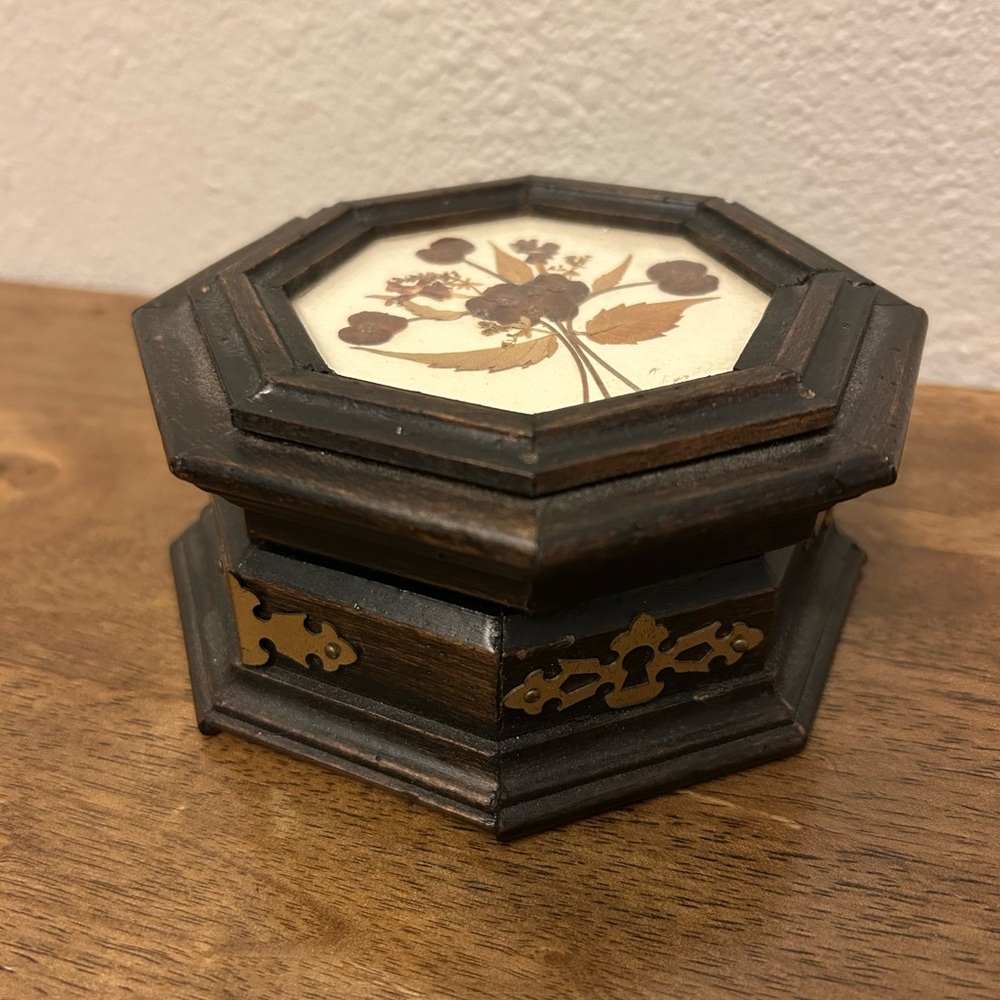 Vintage Hexagonal Wooden Jewelry Box with Pressed Flowers Folk Art